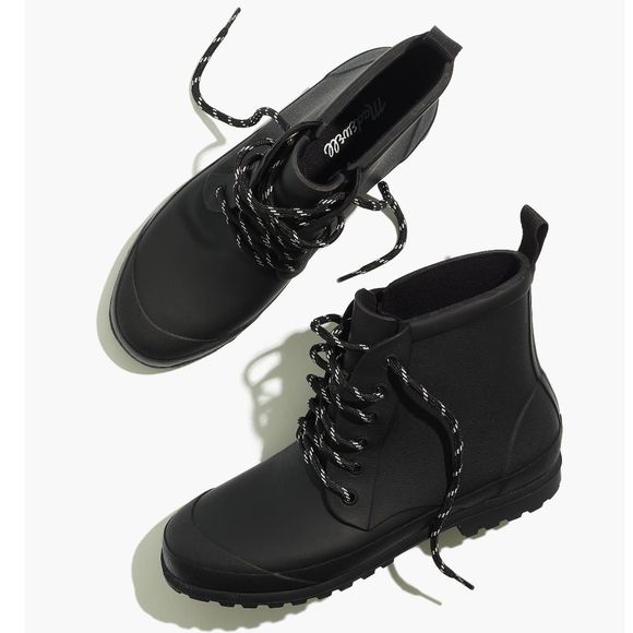 New MADEWELL Size 6 The Lace-Up Lugsole Rain Boot in Black - Picture 1 of 6